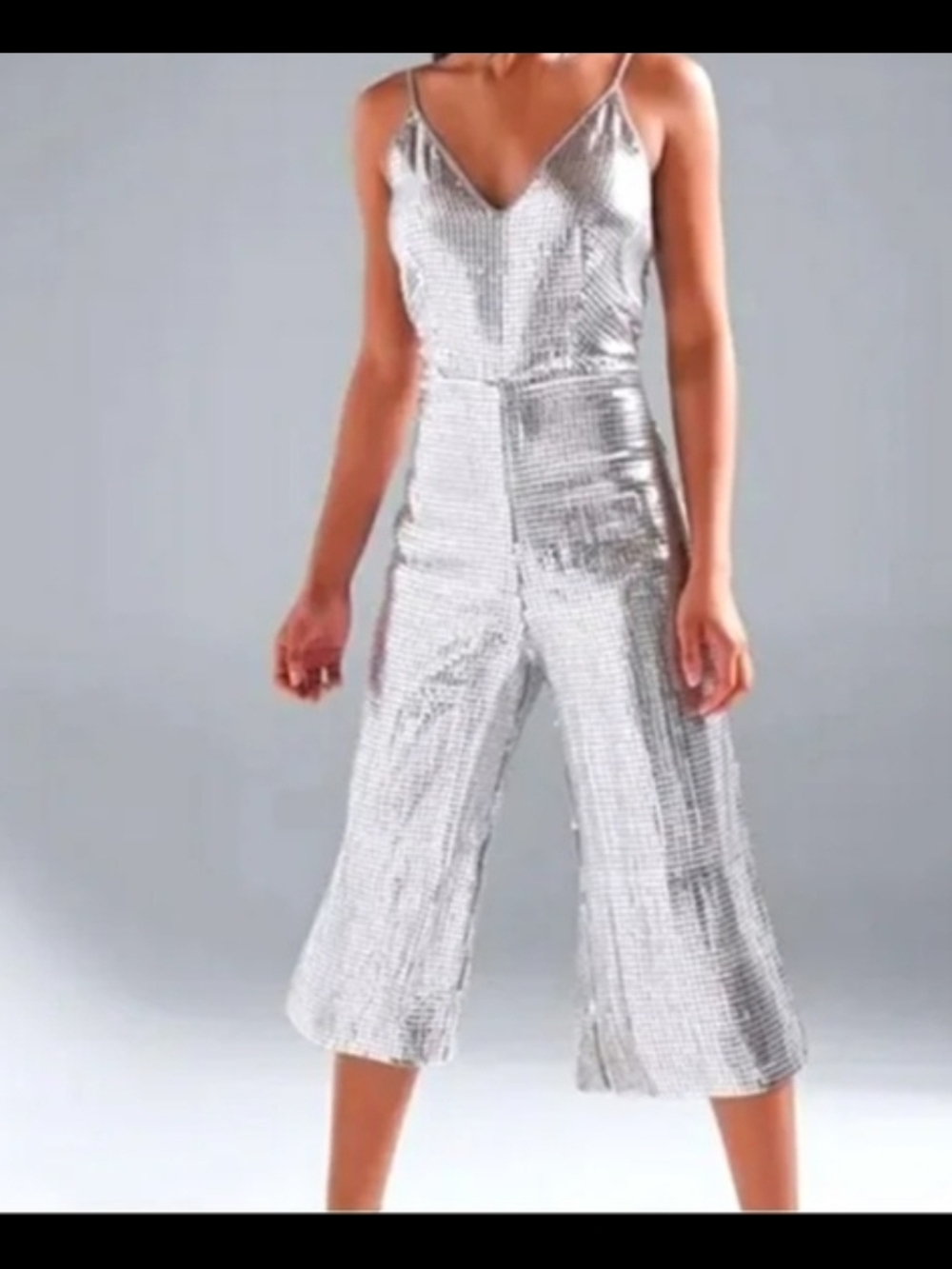 VENUS Silver Sequin Cropped Wide-Leg Jumpsuit